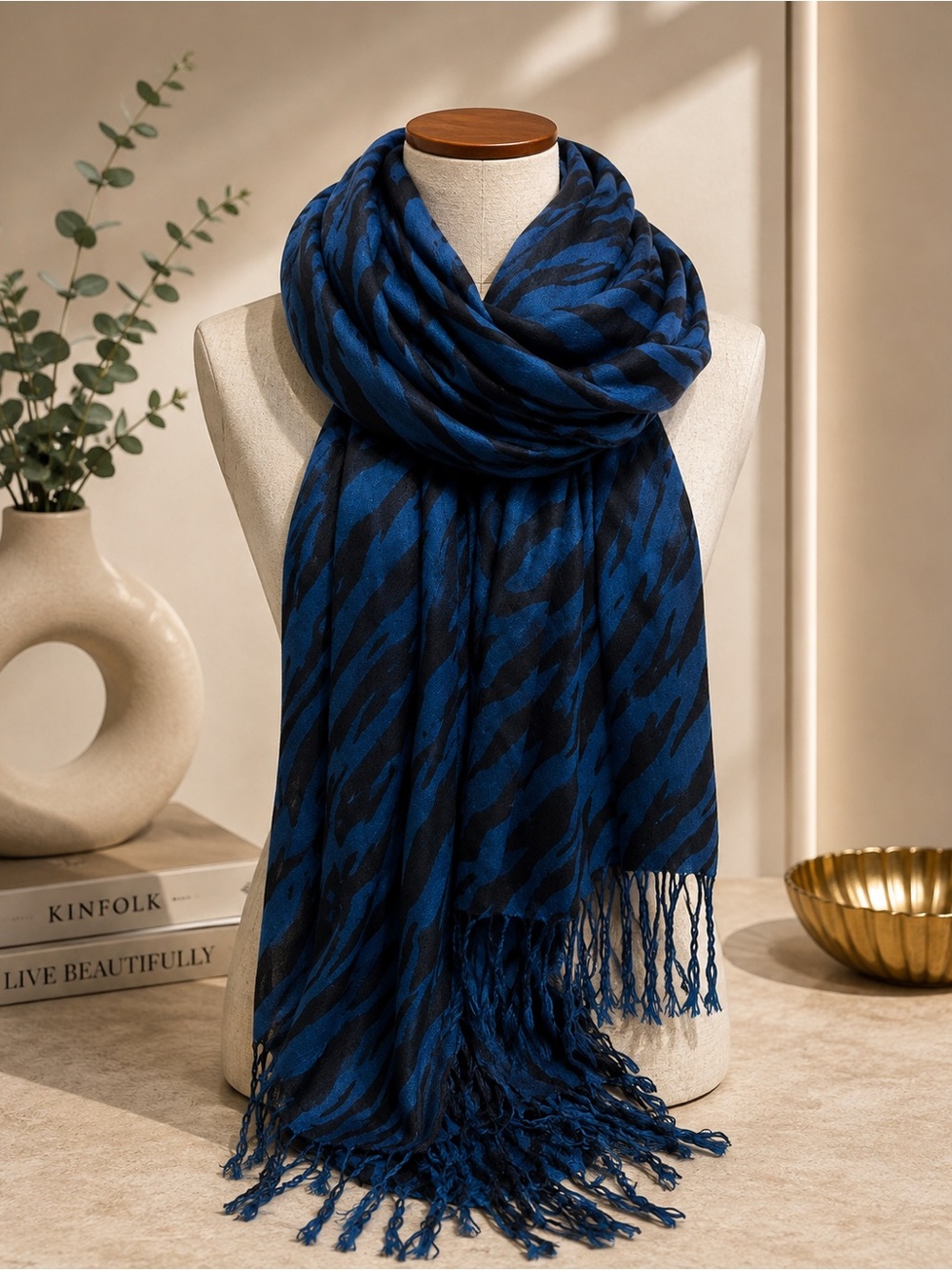 🆕❤️Indigo Blue & Black Zebra Patterned Fringe Scarf